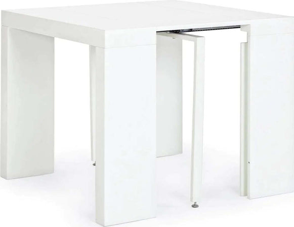 Tavolo consolle Daniel bianco con supporto centrale in acciaio, sistema telescopico di allungamento Casa e cucina/Arredamento/Sala da pranzo/Tavoli da sala da pranzo Decor Space - Altamura, Commerciovirtuoso.it