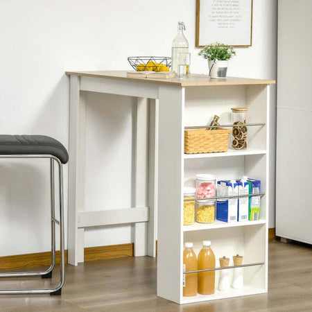 Tavolo-da-Bar-con-3-Mensole-e-Barre-Protettive,-in-Acciaio-e-Truciolato,-112x57x106-cm,-Bianco-BG7835-390WTBG7