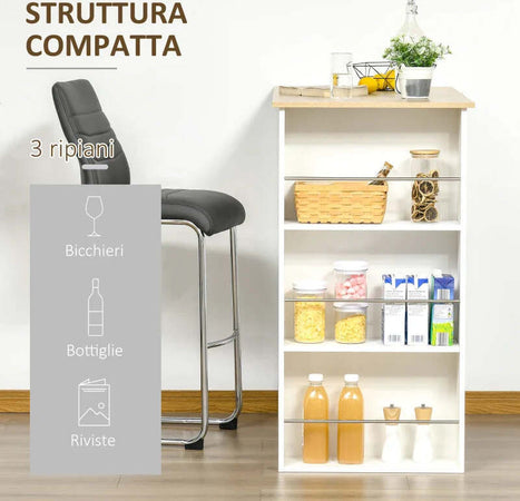 Tavolo-da-Bar-con-3-Mensole-e-Barre-Protettive,-in-Acciaio-e-Truciolato,-112x57x106-cm,-Bianco-BG7835-390WTBG7