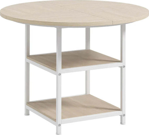 Tavolo-da-Pranzo-per-4-6-Persone-con-2-Ripiani-Integrati,-in-Acciaio-e-MDF,-Ø100x76-cm,-Bianco-e-Rovere-QS683A-050V80AKQS6