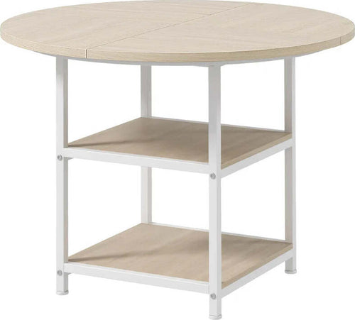 Tavolo-da-Pranzo-per-4-6-Persone-con-2-Ripiani-Integrati,-in-Acciaio-e-MDF,-Ø100x76-cm,-Bianco-e-Rovere-QS683A-050V80AKQS6