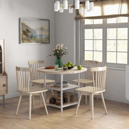 Tavolo-da-Pranzo-per-4-6-Persone-con-2-Ripiani-Integrati,-in-Acciaio-e-MDF,-Ø100x76-cm,-Bianco-e-Rovere-QS683A-050V80AKQS6
