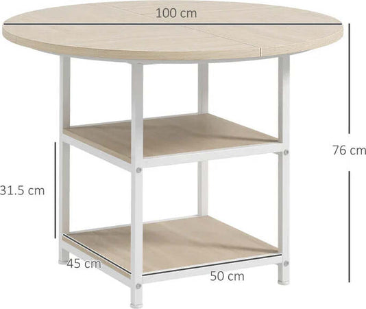 Tavolo-da-Pranzo-per-4-6-Persone-con-2-Ripiani-Integrati,-in-Acciaio-e-MDF,-Ø100x76-cm,-Bianco-e-Rovere-QS683A-050V80AKQS6