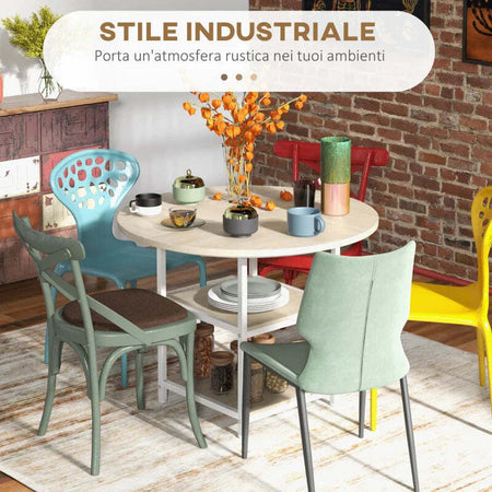 Tavolo-da-Pranzo-per-4-6-Persone-con-2-Ripiani-Integrati,-in-Acciaio-e-MDF,-Ø100x76-cm,-Bianco-e-Rovere-QS683A-050V80AKQS6