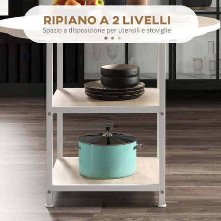 Tavolo-da-Pranzo-per-4-6-Persone-con-2-Ripiani-Integrati,-in-Acciaio-e-MDF,-Ø100x76-cm,-Bianco-e-Rovere-QS683A-050V80AKQS6