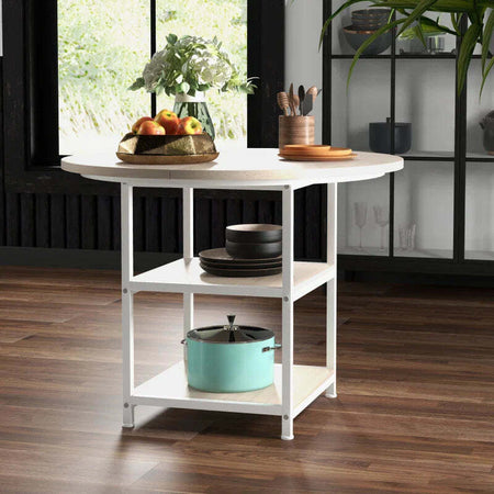 Tavolo-da-Pranzo-per-4-6-Persone-con-2-Ripiani-Integrati,-in-Acciaio-e-MDF,-Ø100x76-cm,-Bianco-e-Rovere-QS683A-050V80AKQS6