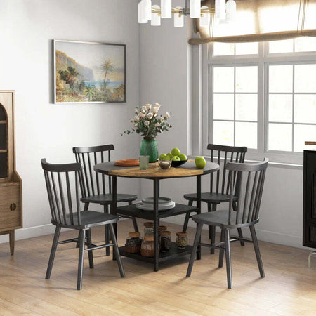 Tavolo-da-Pranzo-per-4-6-Persone-con-2-Ripiani-Integrati,-in-Acciaio-e-MDF,-Ø100x76-cm,-Nero-e-Marrone-QW883A-050V80BKQW8
