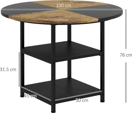 Tavolo-da-Pranzo-per-4-6-Persone-con-2-Ripiani-Integrati,-in-Acciaio-e-MDF,-Ø100x76-cm,-Nero-e-Marrone-QW883A-050V80BKQW8