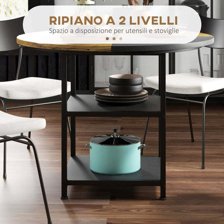 Tavolo-da-Pranzo-per-4-6-Persone-con-2-Ripiani-Integrati,-in-Acciaio-e-MDF,-Ø100x76-cm,-Nero-e-Marrone-QW883A-050V80BKQW8