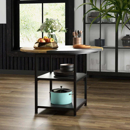 Tavolo-da-Pranzo-per-4-6-Persone-con-2-Ripiani-Integrati,-in-Acciaio-e-MDF,-Ø100x76-cm,-Nero-e-Marrone-QW883A-050V80BKQW8