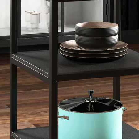Tavolo-da-Pranzo-per-4-6-Persone-con-2-Ripiani-Integrati,-in-Acciaio-e-MDF,-Ø100x76-cm,-Nero-e-Marrone-QW883A-050V80BKQW8