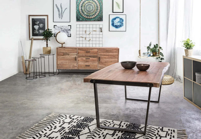Tavolo Elmer rettangolare, con gambe in acciaio, piano in legno di acacia, stile moderno Casa e cucina/Arredamento/Sala da pranzo/Tavoli da sala da pranzo Decor Space - Altamura, Commerciovirtuoso.it