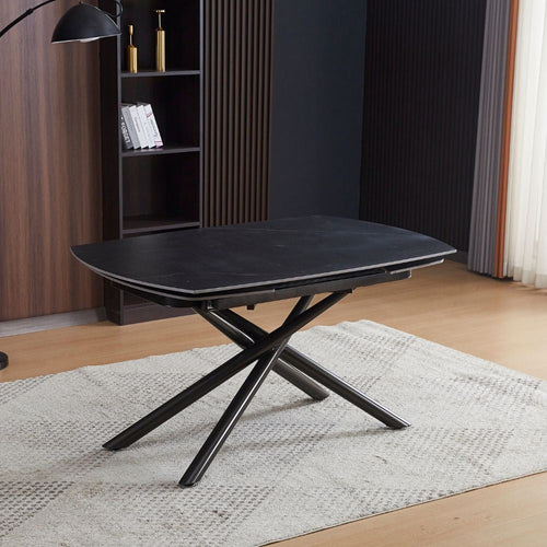 Tavolo girevole automatico allungabile Astrid con piano in ceramica effetto marmo nero opaco con gambe colore nero