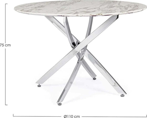 Tavolo John Marble tondo con gambe in acciaio, struttura cromata, piano in legno ricoperto con carta effetto marmo Casa e cucina/Arredamento/Sala da pranzo/Tavoli da sala da pranzo Decor Space - Altamura, Commerciovirtuoso.it
