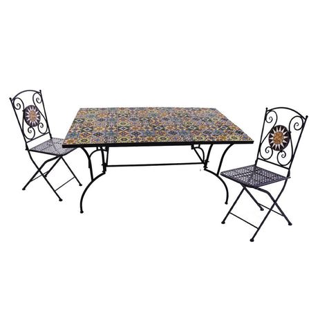 Tavolo con mosaico "Flower" in acciaio verniciato e piano in ceramica da giardino 150 cm