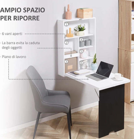 Tavolo-Pieghevole-da-Parete-Salvaspazio,-Scrivania,-Tavolo-da-Pranzo-con-Scaffali-e-Lavagnetta-(60x94.5x147cm)-XH3836-139XH3