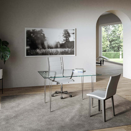 Tavolo scrittoio, in vetro trasparente, con gambe in metallo cromato, per arredamento interni Casa e cucina/Arredamento/Studio/Mobiletti e credenze/Credenze Decor Space - Altamura, Commerciovirtuoso.it