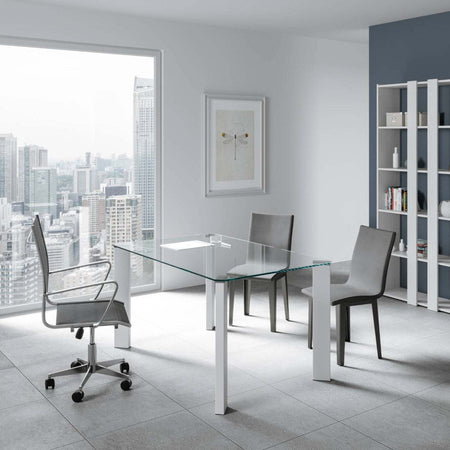 Tavolo scrittoio, in vetro trasparente, con gambe in metallo verniciato, per arredamento interni Casa e cucina/Arredamento/Studio/Mobiletti e credenze/Credenze Decor Space - Altamura, Commerciovirtuoso.it
