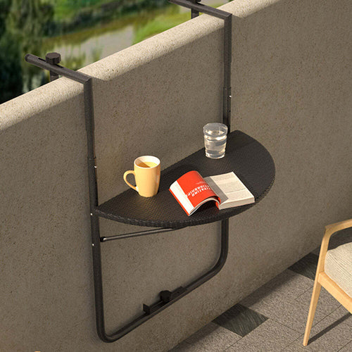 Tavolo-Tavolino-Ringhiera-Esterno-Balcone-Pieghevole-Metallo-e-Polyrattan-Nero