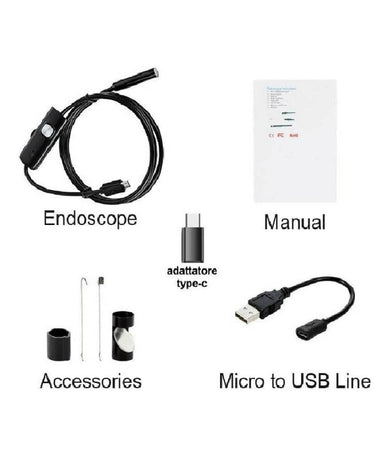 Telecamera Endoscopica 5 Mt Type-c Usb Mini Usb F Flessibile Impermeabile 6 Led