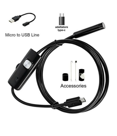 Telecamera Endoscopica 5 Mt Type-c Usb Mini Usb F Flessibile Impermeabile 6 Led
