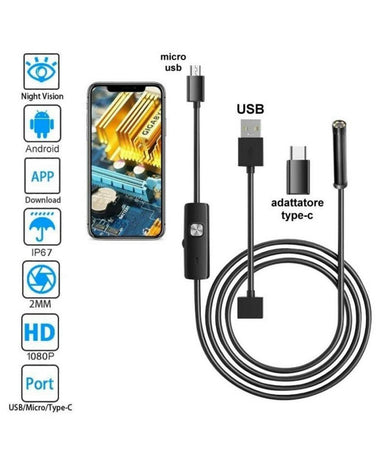 Telecamera Endoscopica 5 Mt Type-c Usb Mini Usb F Flessibile Impermeabile 6 Led