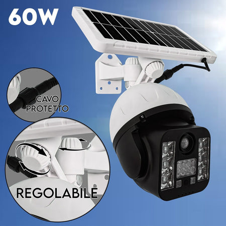 Telecamera-Finta-Da-Esterno-Con-Ricarica-Pannello-Solare,-Lampada-led-Da-Strada-Faro-led-Con-Sensore-Di-Movimento,-Videocamera-Finta-Per-Sicurezza-30-Led---60-watt