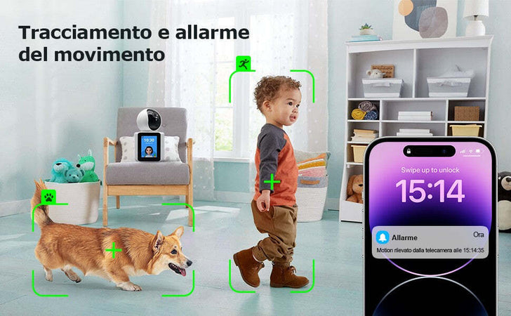 Telecamera-WiFi-Interno--Monitor-Anziano-Bambino-con-Chiamata-con-un-Pulsante--Audio-a-2-vie-PTZ-VISIONE-NOTTURNA