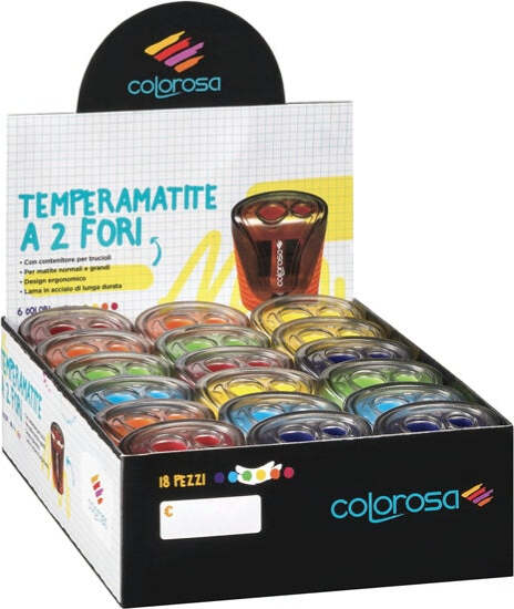Temperamatite - a 2 fori - colori assortiti - Ri.Plast - expo 18 pezzi Cancelleria e prodotti per ufficio/Penne matite scrittura e correzione/Temperamatite Eurocartuccia - Pavullo, Commerciovirtuoso.it