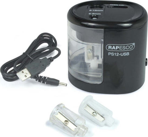 Temperamatite elettrico con contenitore - 2 fori - nero - rapesco Cancelleria e prodotti per ufficio/Penne matite scrittura e correzione/Temperamatite Eurocartuccia - Pavullo, Commerciovirtuoso.it