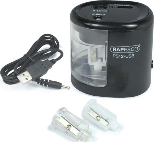 Temperamatite elettrico con contenitore - 2 fori - nero - rapesco Cancelleria e prodotti per ufficio/Penne matite scrittura e correzione/Temperamatite Eurocartuccia - Pavullo, Commerciovirtuoso.it