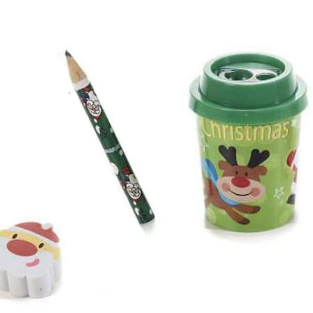 Set cancelleria segnaposto natalizio con matita, gomma e temperino per bambini