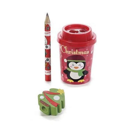 Set cancelleria segnaposto natalizio con matita, gomma e temperino per bambini