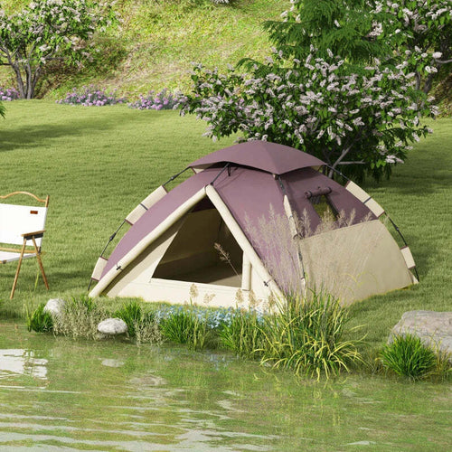 Tenda-da-Campeggio-2-Posti-con-2-Finestre-e-Gancio,-in-Poliestere-e-Fibra-di-Vetro,-225x190x130-cm,-Cachi-RQ1A20-388V00KKRQ1