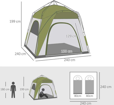 Tenda-da-Campeggio-2-Posti-Pop-Up-con-Porta-a-Cerniera-e-3-Finestre,-240x240x199cm,-Verde-EH6A20-054GNEH6