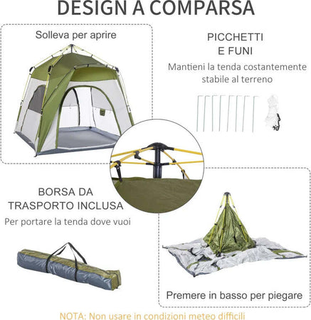 Tenda-da-Campeggio-2-Posti-Pop-Up-con-Porta-a-Cerniera-e-3-Finestre,-240x240x199cm,-Verde-EH6A20-054GNEH6