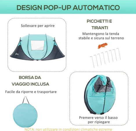 Tenda-da-Campeggio-3-Persone-a-Cupola,-Tenda-Pop-Up-Automatica-a-Igloo,-286x209x122cm,-Azzurro-EK9A20-261EK9