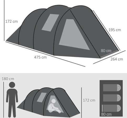Tenda-da-Campeggio-3-Posti-con-2-Stanze-Interne-con-Finestre-e-Coperture,-475x264x172-cm,-Nero-EJ8A20-285V00BKEJ8