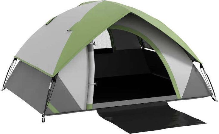 Tenda-da-Campeggio-3-Posti-con-Finestra-a-Rete,-in-Poliestere,-Fibra-di-Vetro-e-PE,-210x150x110-cm,-Grigio-e-Verde-RJ2A20-407V00GNRJ2