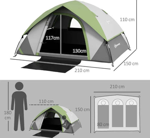 Tenda-da-Campeggio-3-Posti-con-Finestra-a-Rete,-in-Poliestere,-Fibra-di-Vetro-e-PE,-210x150x110-cm,-Grigio-e-Verde-RJ2A20-407V00GNRJ2