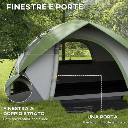 Tenda-da-Campeggio-3-Posti-con-Finestra-a-Rete,-in-Poliestere,-Fibra-di-Vetro-e-PE,-210x150x110-cm,-Grigio-e-Verde-RJ2A20-407V00GNRJ2
