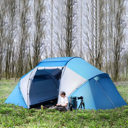 Tenda-da-Campeggio-4-Posti-con-2-Zone-Notte-e-Borsa-da-Trasporto,-430×240×170-cm,-Bianco-e-Azzurro-EL9A20-044EL9