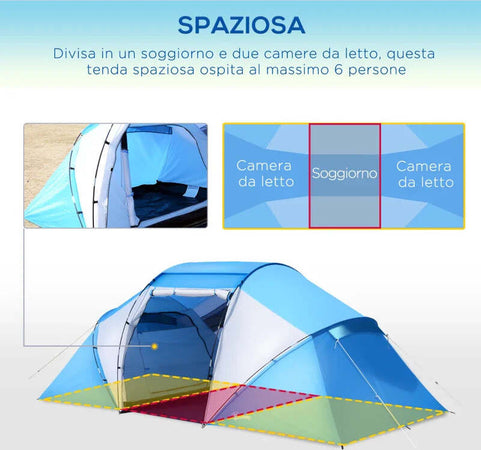 Tenda-da-Campeggio-4-Posti-con-2-Zone-Notte-e-Borsa-da-Trasporto,-430×240×170-cm,-Bianco-e-Azzurro-EL9A20-044EL9