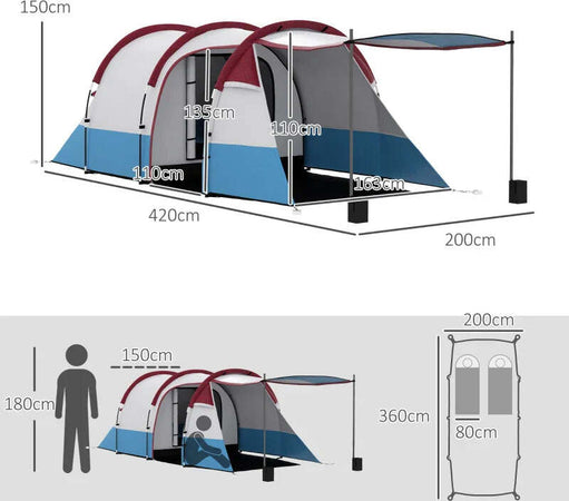 Tenda-da-Campeggio-Impermeabile-con-2-Aree-e-3-Ingressi,-in-Poliestere-e-Fibra-di-Vetro,-420x200x150-cm,-Rosso-ES2A20-425V00RDES2