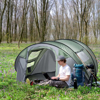 Tenda-da-Campeggio-Pop-Up-2-Posti-con-2-Porte,-4-Finestre-e-Telo-Impermeabile,-263.5x220x123-cm,-Verde-Scuro-EC3A20-169EC3