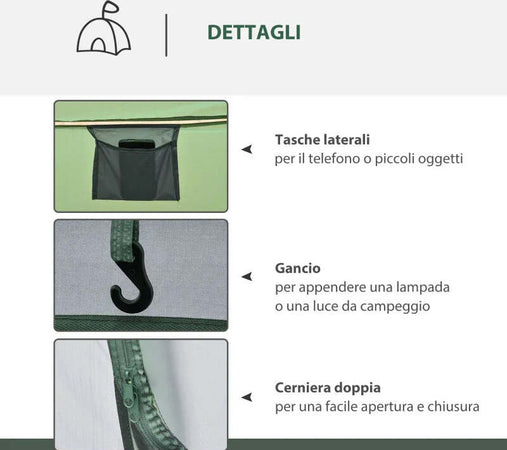 Tenda-da-Campeggio-Pop-Up-2-Posti-con-2-Porte,-4-Finestre-e-Telo-Impermeabile,-263.5x220x123-cm,-Verde-Scuro-EC3A20-169EC3