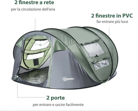Tenda-da-Campeggio-Pop-Up-2-Posti-con-2-Porte,-4-Finestre-e-Telo-Impermeabile,-263.5x220x123-cm,-Verde-Scuro-EC3A20-169EC3