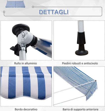 Tenda-da-Sole-a-Bracci-3x1.5m-con-Manovella-e-Struttura-Telescopica,-Bianco-e-Blu-NM3840-183BUNM3