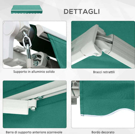 Tenda-da-Sole-Avvolgibile-a-Caduta-con-Manovella,-in-Alluminio-e-Poliestere,-3x2.5m,-Verde-Scuro-YH6840-150GNYH6