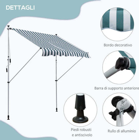 Tenda-da-Sole-da-Esterno-2x1.5m-a-Rullo-con-Manovella,-Altezza-e-Angolazione-Regolabile,-Bianco-e-Verde-ZA4840-182MX